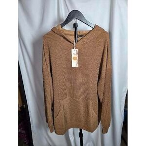 Dokotoo Womens Ribbed Knit Hoodie Sweater Camel Brown Kangaroo Pocket XL NEW